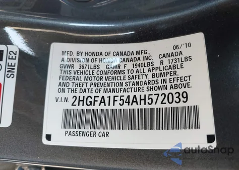 2010 Honda Civic Lx from USA, damaged, VIN 2HGFA1F54AH572039